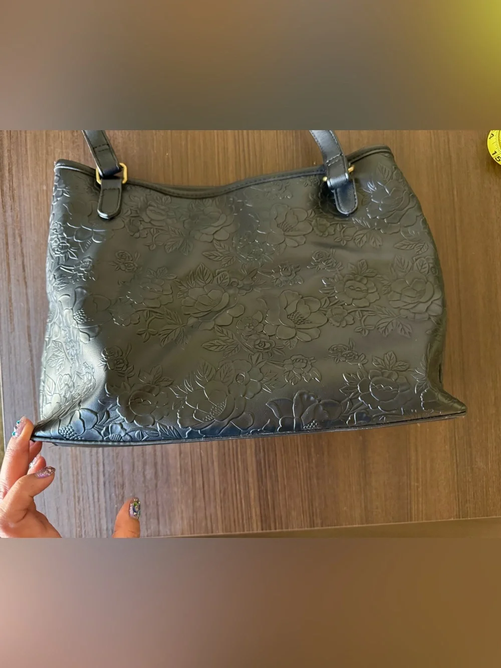 Rosetti Black Floral Embossed Tote with Gold Accents